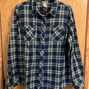 Duluth Trading Co Women’s XL Blue/Yellow/Green Flannel Shirt NWOT